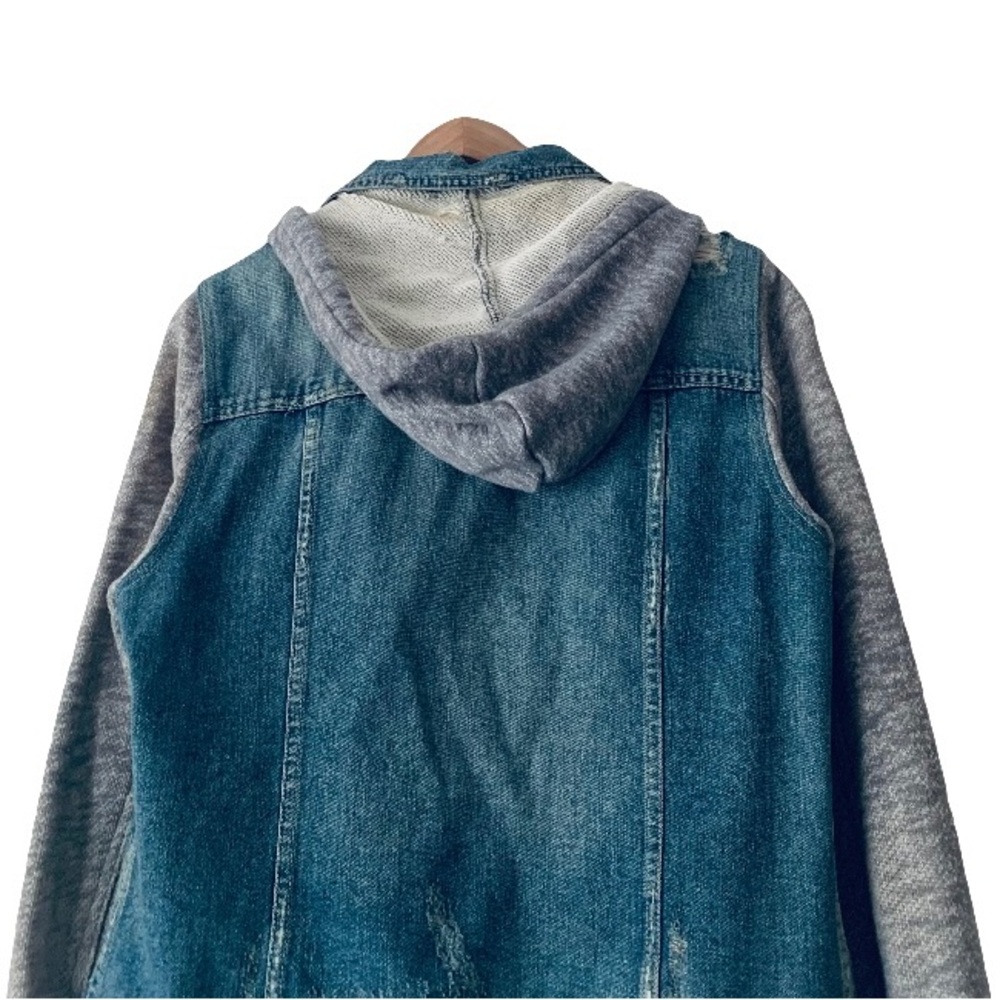 Free People Distressed Knit Hooded Jean Jacket Blue Gray Women’s L Y2k Grunge - Picture 7 of 10